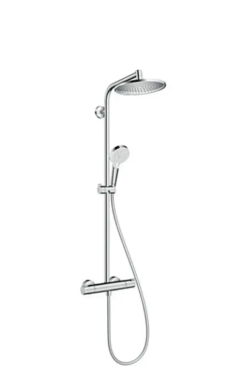 Hansgrohe Duschsystem mit Kopfbrause, Handbrause und Thermostat. Chromoberfläche, vertikale Montage an Wand mit flexibler Schlauchführung.